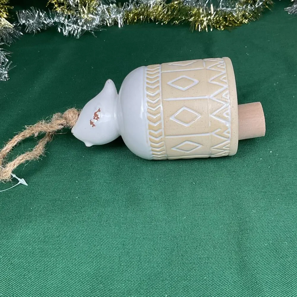 Ceramic Bird Bell Christmas Ornament - Geometric Pattern Rustic Glazed Decor